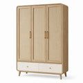 Armadio in legno chiaro e rattan, 120 × 55 × 190 cm, 3 ante e 2 cassetti, beige, crema e oro