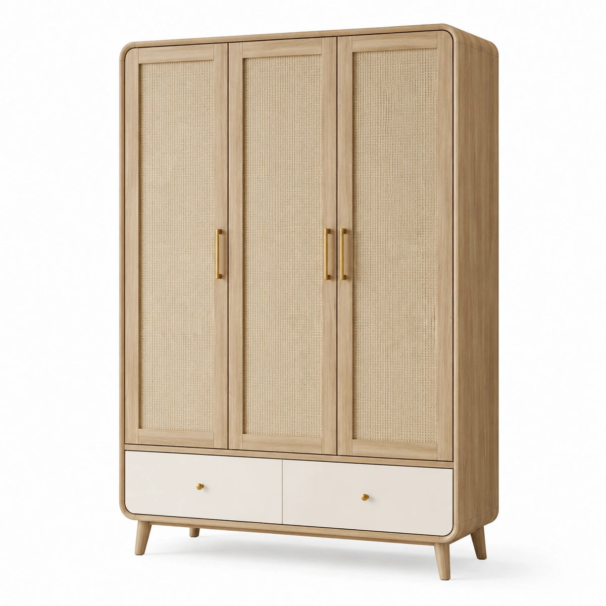 Armadio in legno chiaro e rattan, 120 × 55 × 190 cm, 3 ante e 2 cassetti, beige, crema e oro
