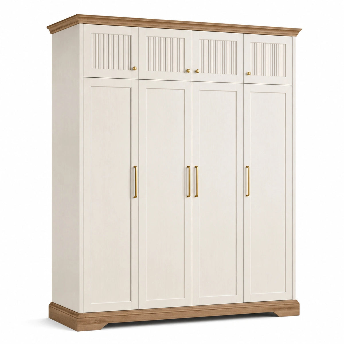 Armadio classico a 8 ante in pannelli di legno, bianco crema, marrone e oro, 180 × 60 × 220 cm
