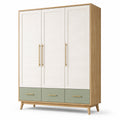 Armadio moderno con 3 ante a persiana e 3 cassetti, 150 × 55 × 200 cm, bianco, verde salvia e legno naturale