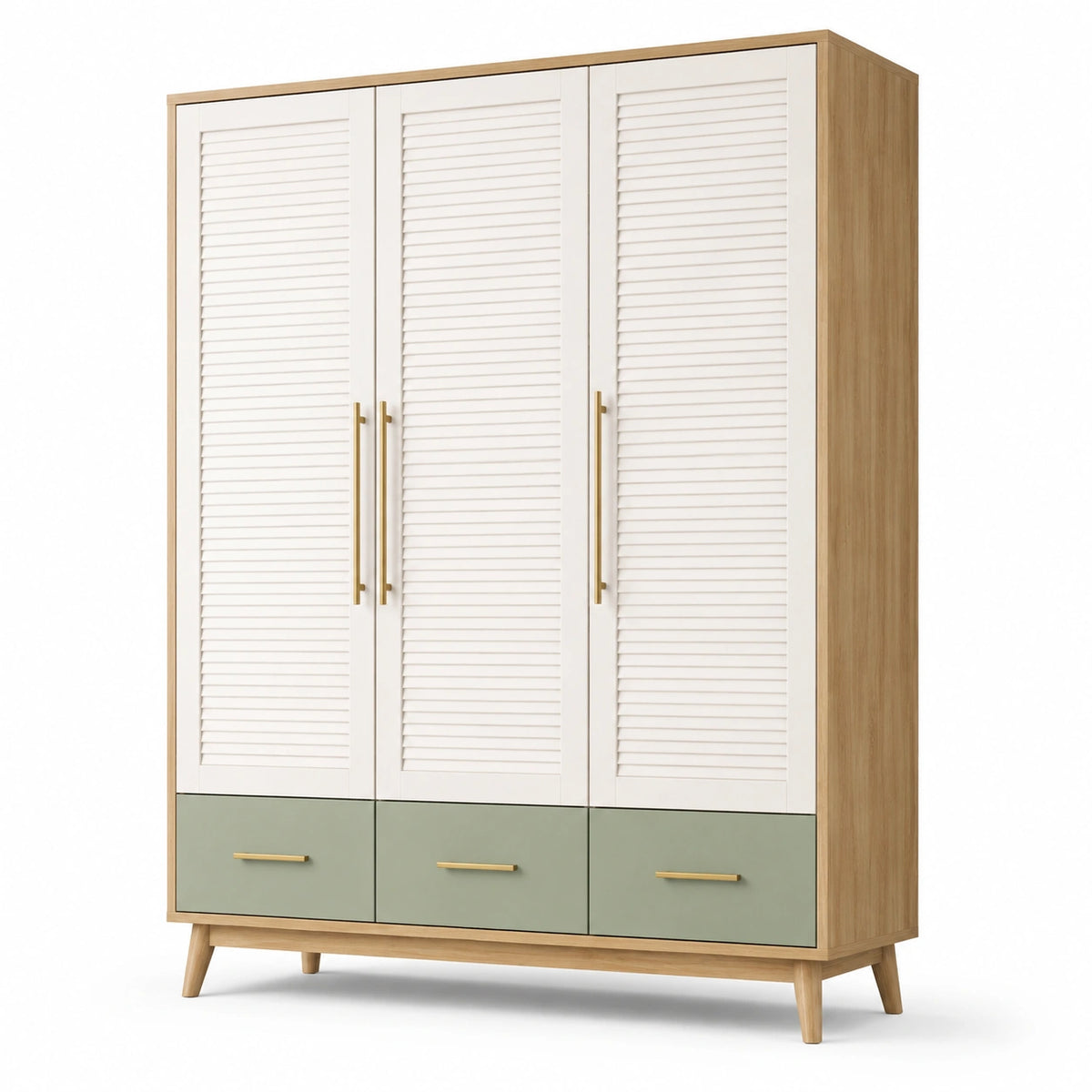 Armadio moderno con 3 ante a persiana e 3 cassetti, 150 × 55 × 200 cm, bianco, verde salvia e legno naturale