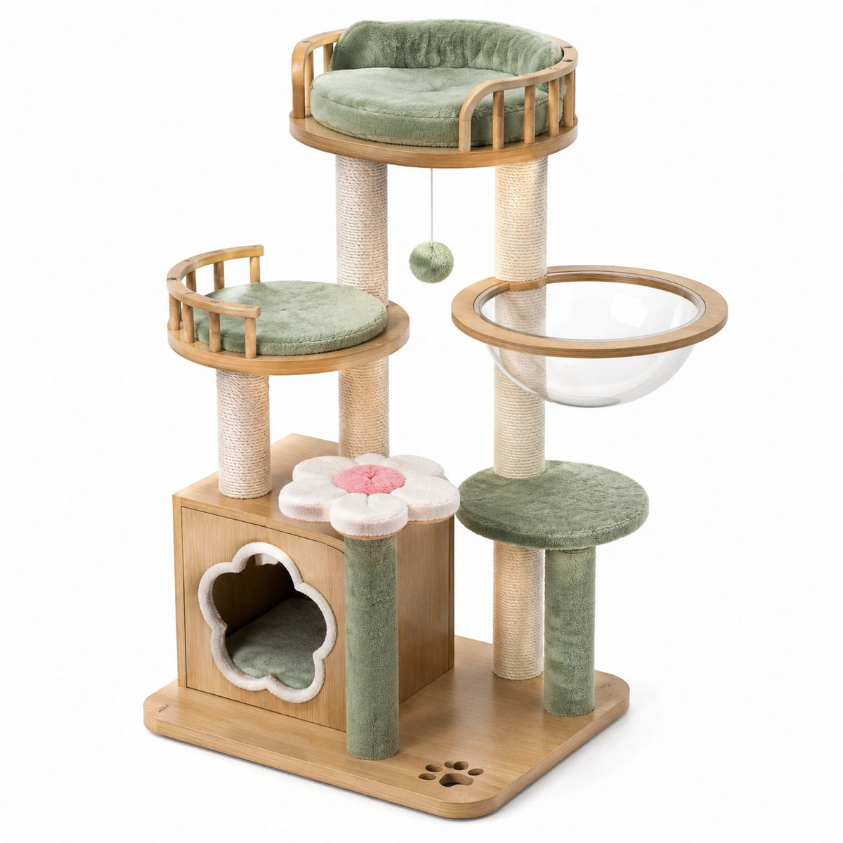 Albero tiragraffi multilivello in legno verde salvia 100 × 60 × 158 cm con cuccia, piattaforme e amaca trasparente