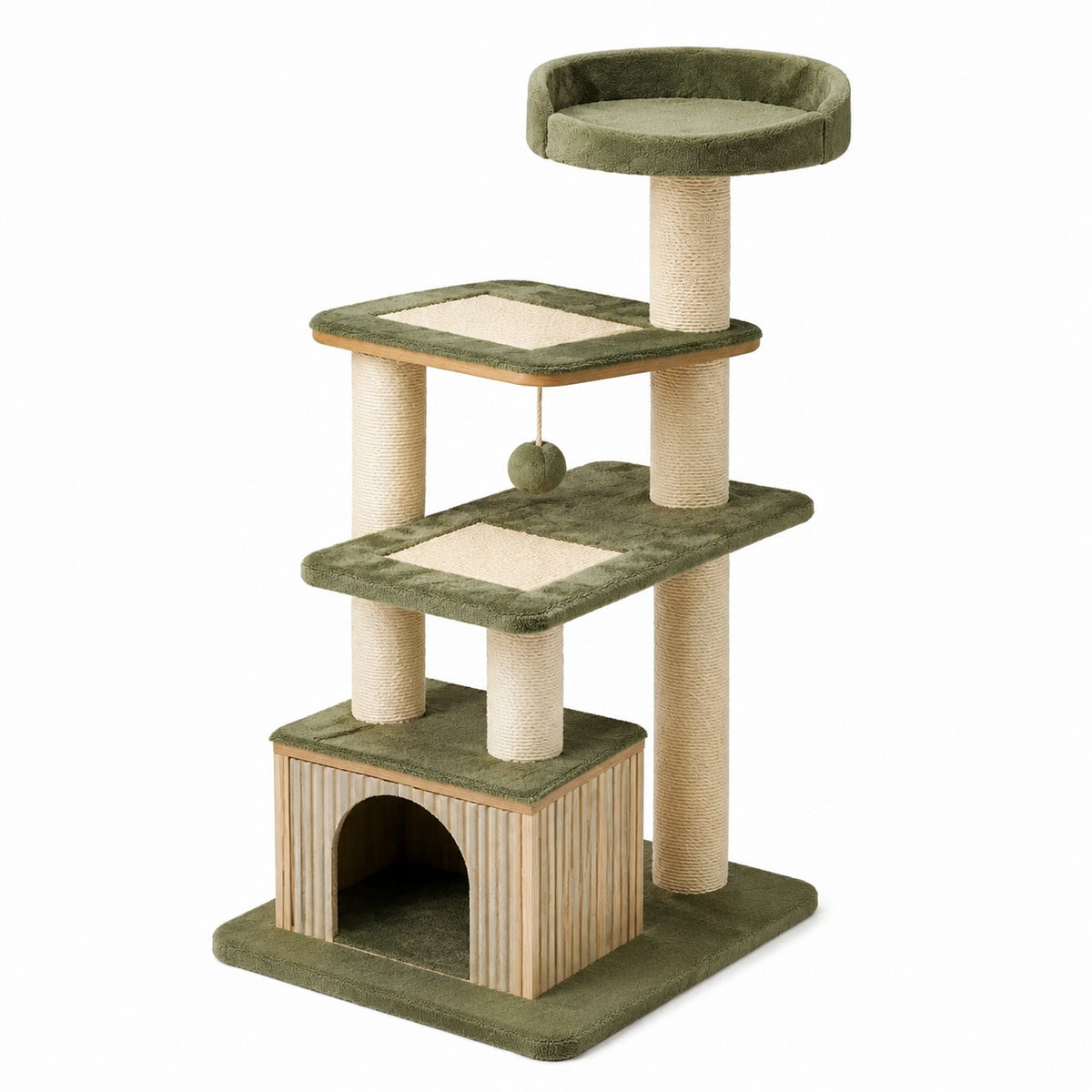Struttura multilivello in legno, sisal e peluche verde oliva, 60 × 50 × 145 cm, con cuccia e piattaforme