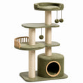 Albero tiragraffi multilivello con cuccia, piattaforme e giochi pendenti, 80 × 55 × 150 cm, verde oliva, beige e marrone chiaro