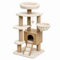 Albero tiragraffi multilivello 60 × 50 × 150 cm in legno, sisal e tessuto beige con cuccia, cesta e piattaforme