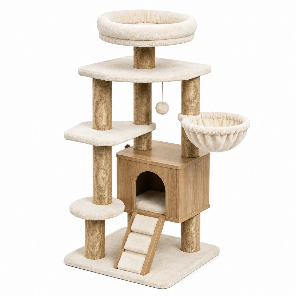 Albero tiragraffi multilivello 60 × 50 × 150 cm in legno, sisal e tessuto beige con cuccia, cesta e piattaforme