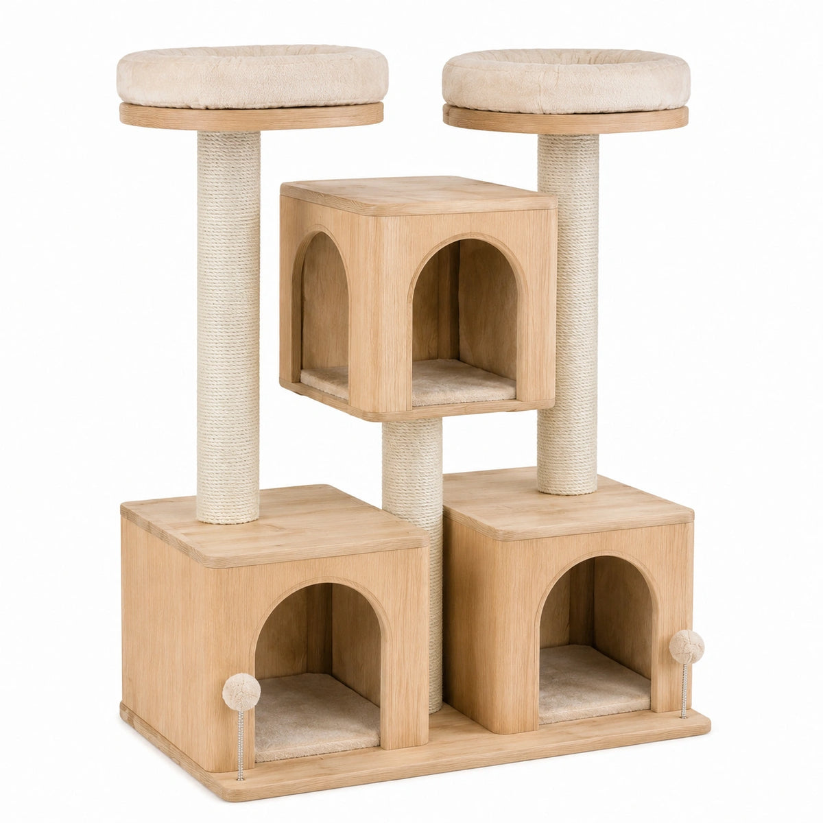 Tiragraffi multilivello in legno naturale e beige, 105 × 55 × 150 cm, con 3 cucce e 2 lettini