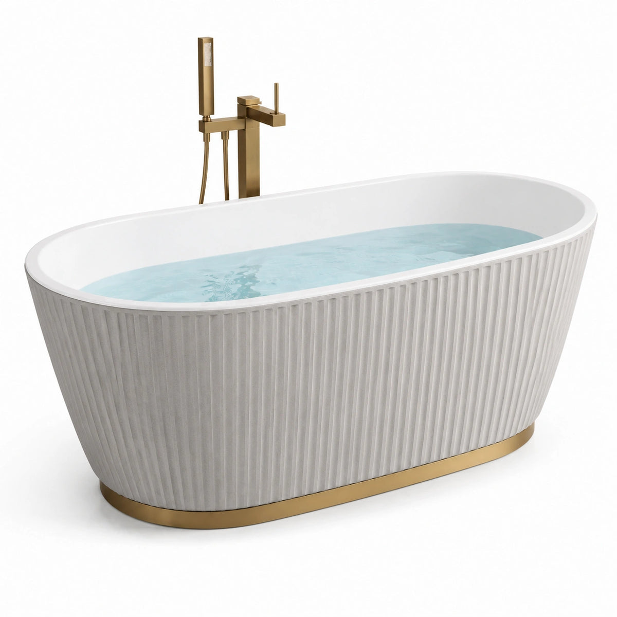 Vasca da bagno ovale a libera installazione in acrilico bianco con base dorata, 170 × 80 × 60 cm