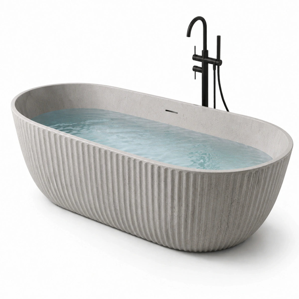 Vasca da bagno freestanding ovale scanalata in composito minerale grigio chiaro, 170 x 80 x 58 cm