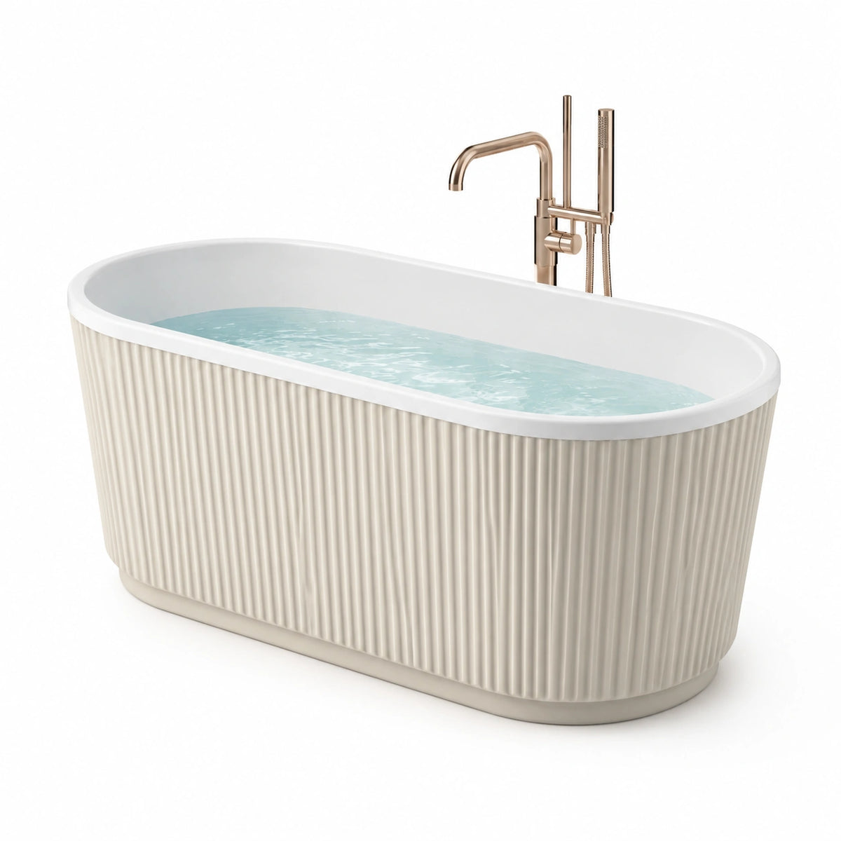 Vasca da bagno freestanding ovale in acrilico bianco e beige con finitura scanalata, 170 x 80 x 58 cm