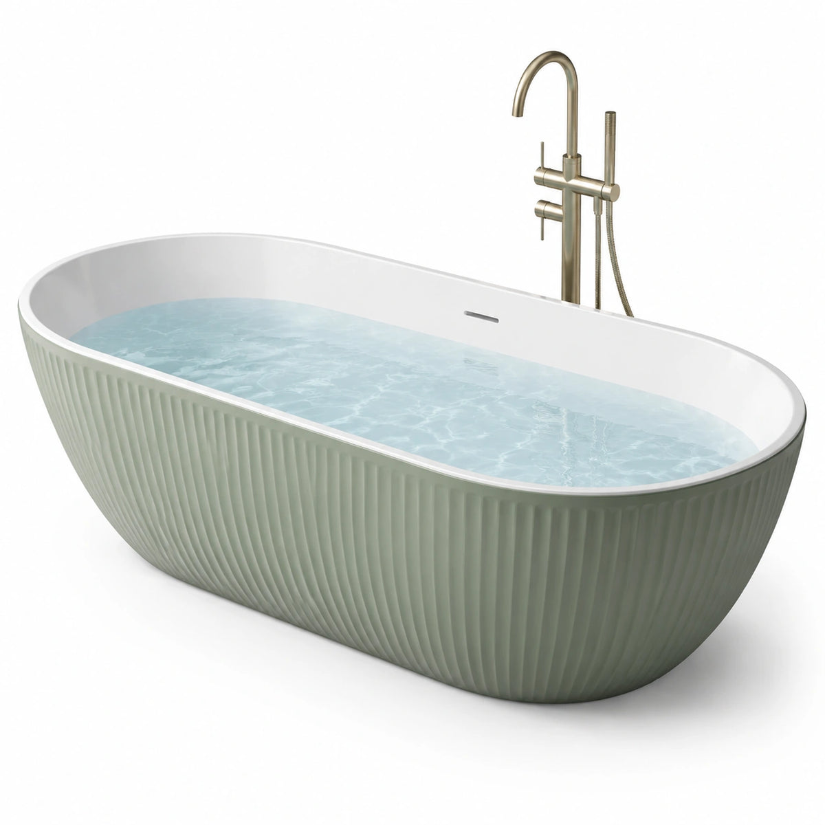 Vasca da bagno freestanding ovale in acrilico verde salvia e bianco, 170 × 80 × 58 cm, finitura scanalata