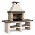 Barbecue da giardino in cemento beige, marrone, grigio e nero, 180 × 70 × 220 cm, con cappa, griglia regolabile e piani laterali