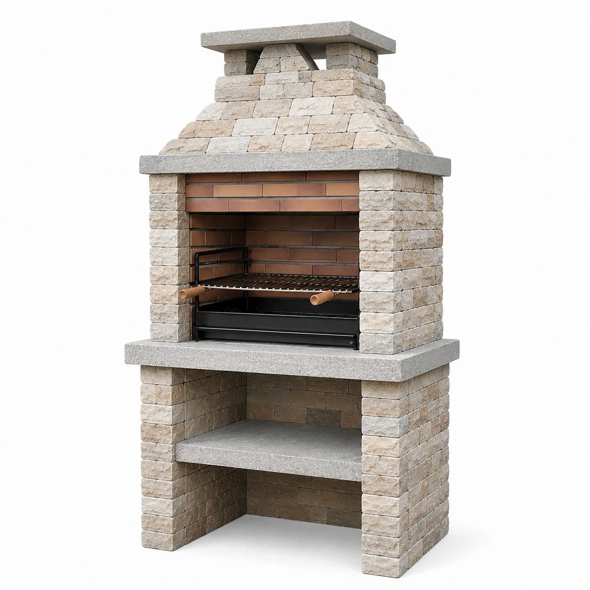 Barbecue da giardino in pietra beige 110 × 70 × 210 cm con griglia regolabile, camino e ripiano