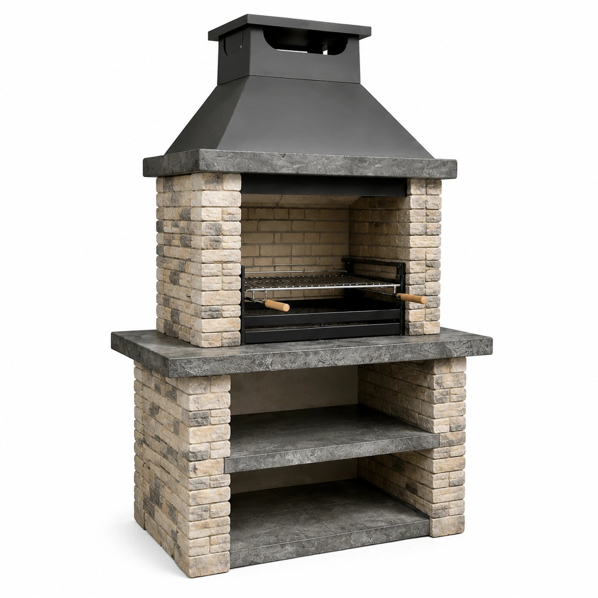 Barbecue da giardino in muratura beige, grigio e nero 110 × 70 × 220 cm con cappa e griglia regolabile