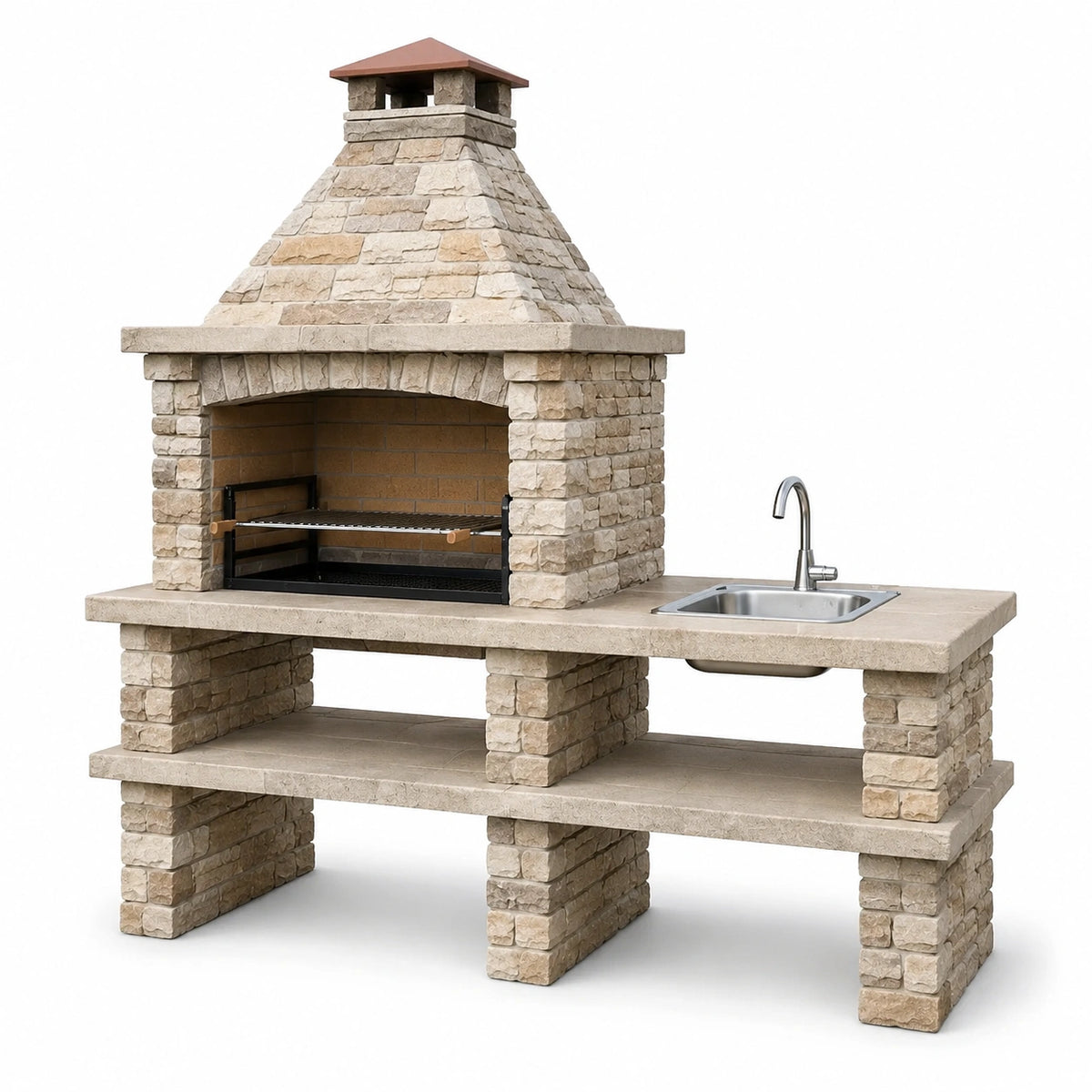 Barbecue in muratura beige 220 × 70 × 240 cm con lavello, griglia, camino e piano di lavoro