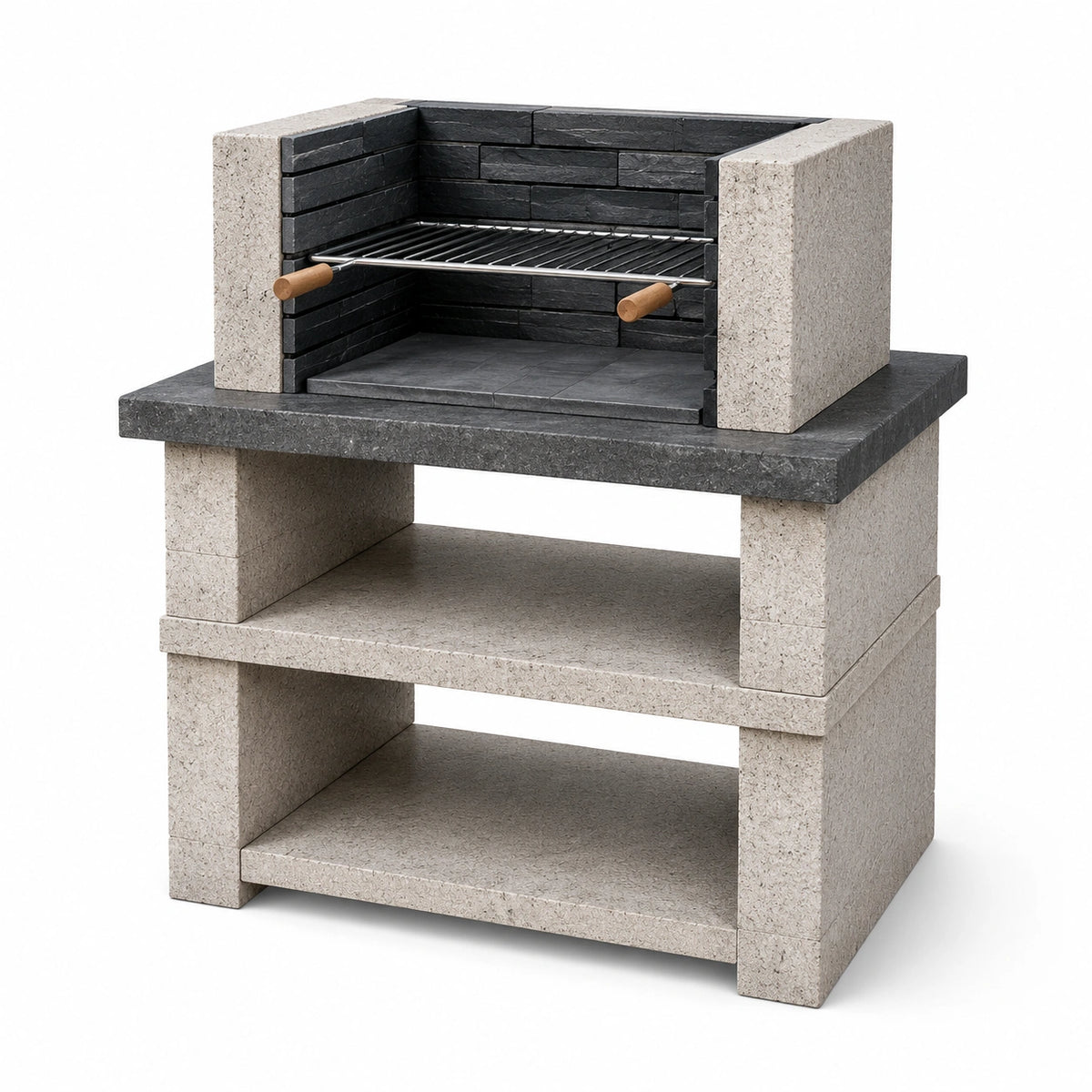 Barbecue da giardino in cemento refrattario 110 × 65 × 190 cm, grigio chiaro, antracite e nero, con griglia estraibile