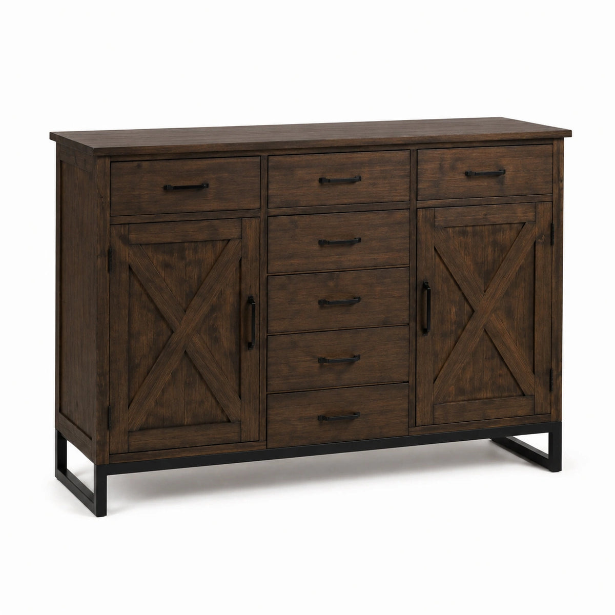 Credenza marrone scuro e nera 140 × 40 × 100 cm con 7 cassetti, 2 ante e 2 ripiani