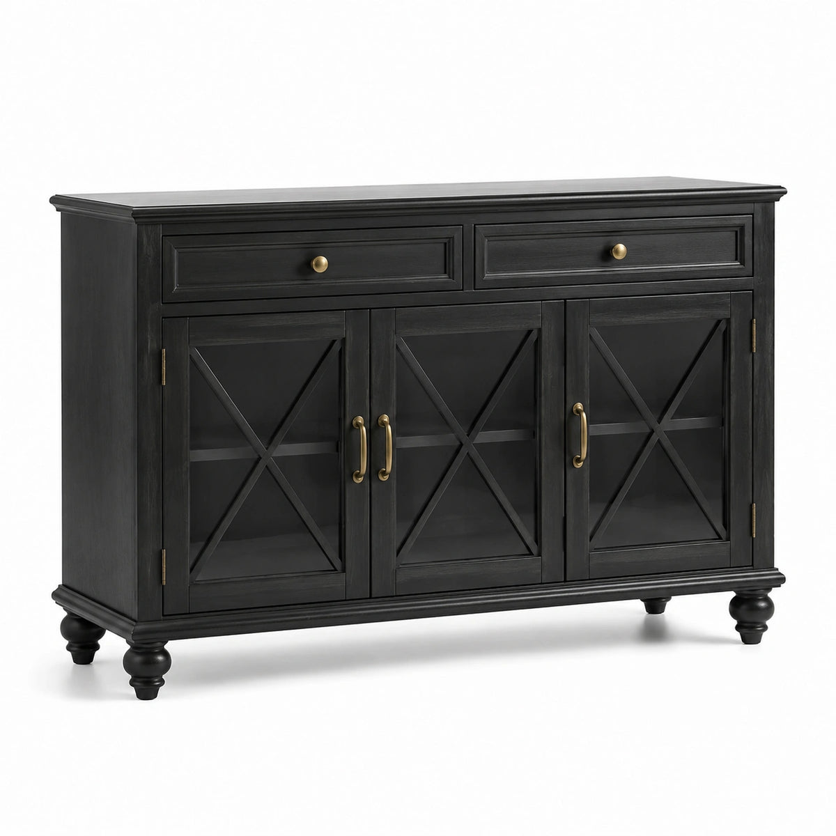 Credenza nera e bronzo in legno composito e vetro, 140 × 40 × 90 cm, con 2 cassetti e 3 ante