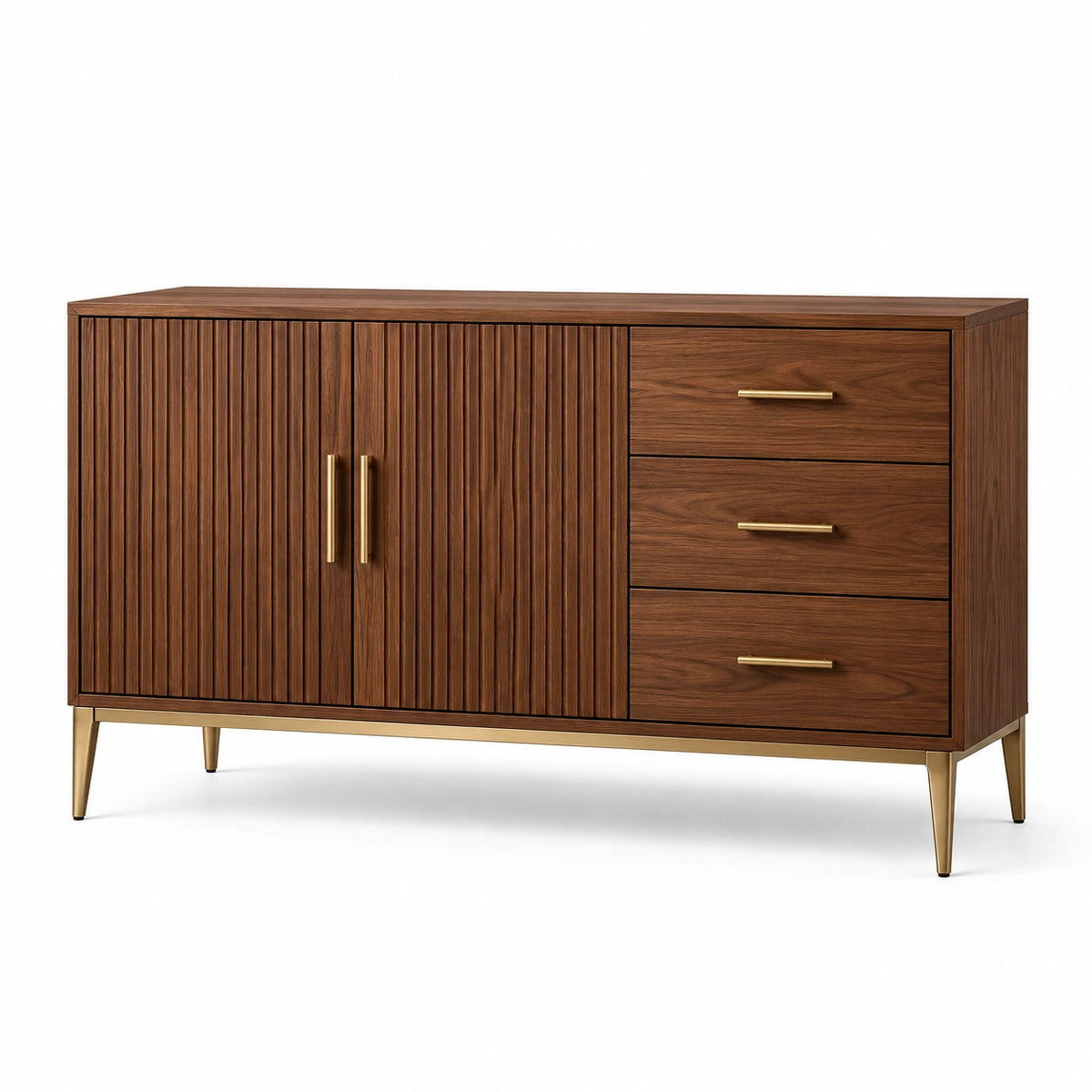 Credenza marrone noce e oro con 2 ante scanalate e 3 cassetti, 150 × 40 × 80 cm