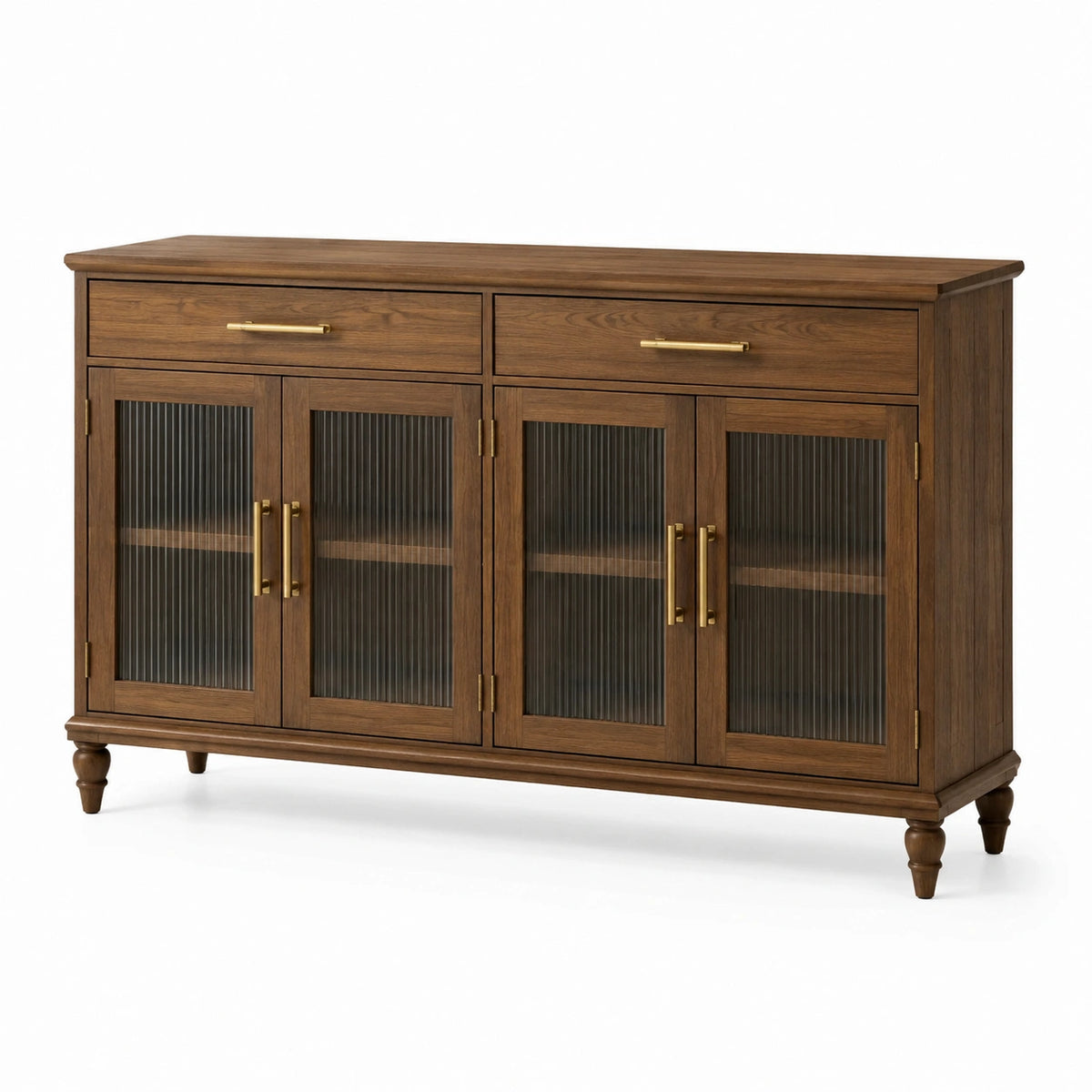 Credenza classica marrone 160 × 40 × 90 cm con 2 cassetti, 4 ante in vetro scanalato e dettagli color ottone