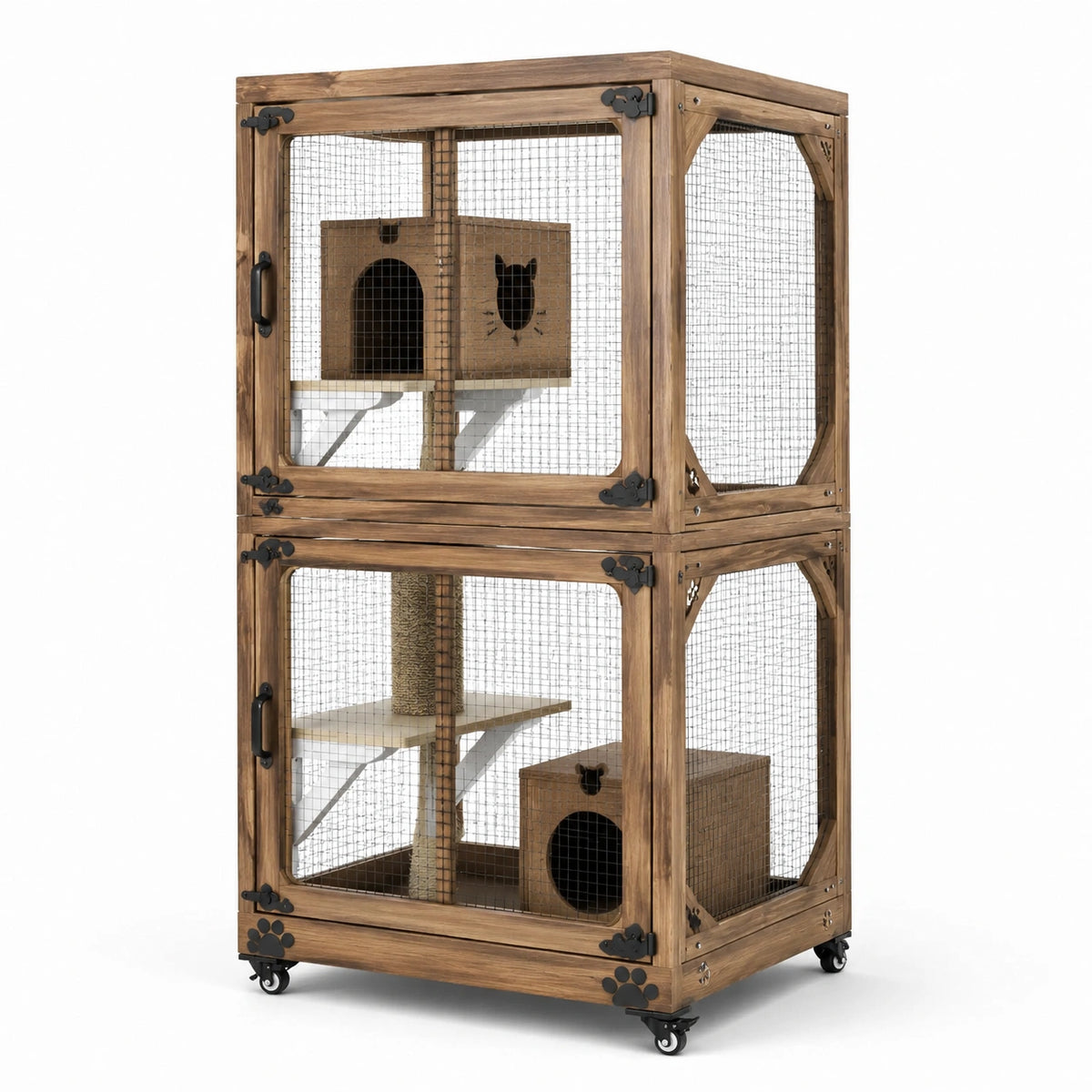 Recinto multilivello per gatti in legno e rete metallica 90 × 60 × 180 cm, marrone, nero e beige, con ruote