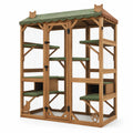Recinto per gatti in legno marrone con rete metallica, tetto verde e ripiani, 180 × 80 × 170 cm