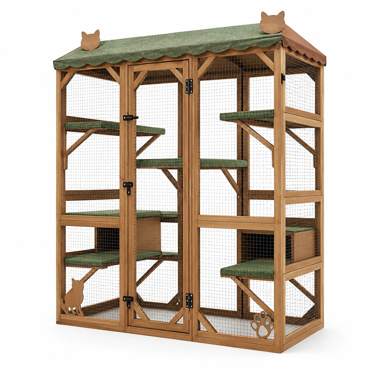 Recinto per gatti in legno marrone con rete metallica, tetto verde e ripiani, 180 × 80 × 170 cm