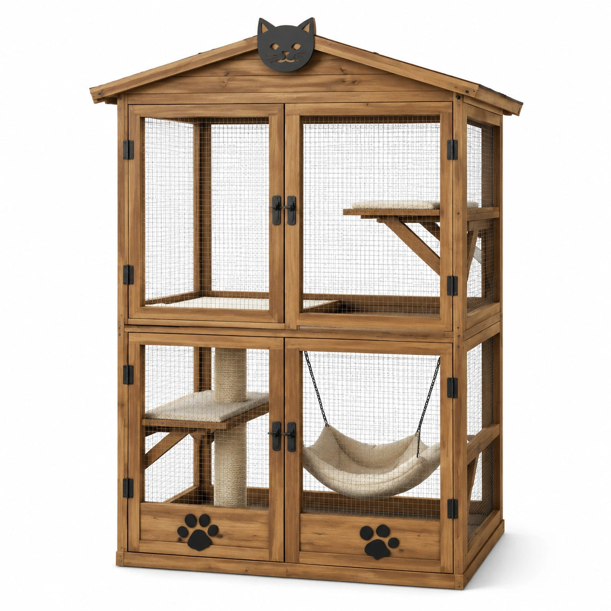 Gabbia multilivello per gatti da interno in legno marrone e rete metallica, 90 × 60 × 130 cm