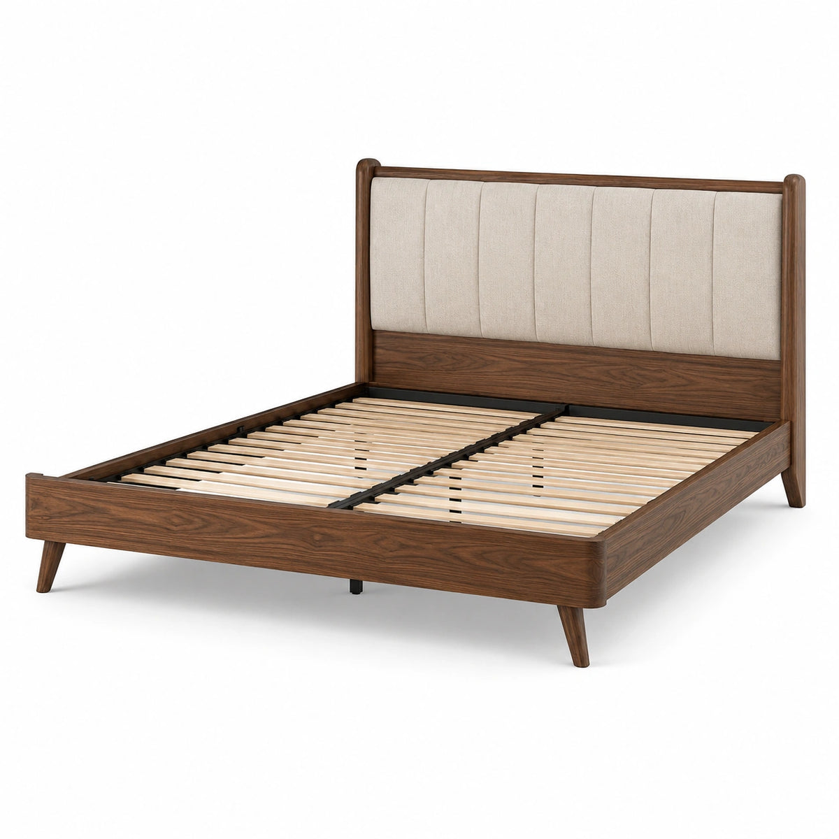 Letto matrimoniale in legno marrone 170 × 215 × 110 cm con testiera imbottita beige e rete a doghe, per materasso 160 × 200 cm