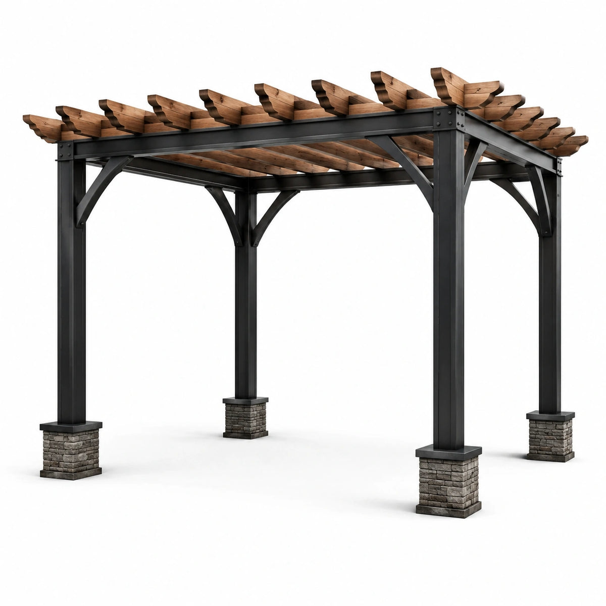 Pergola da giardino 300 × 300 × 250 cm in acciaio nero e legno marrone con basi grigie