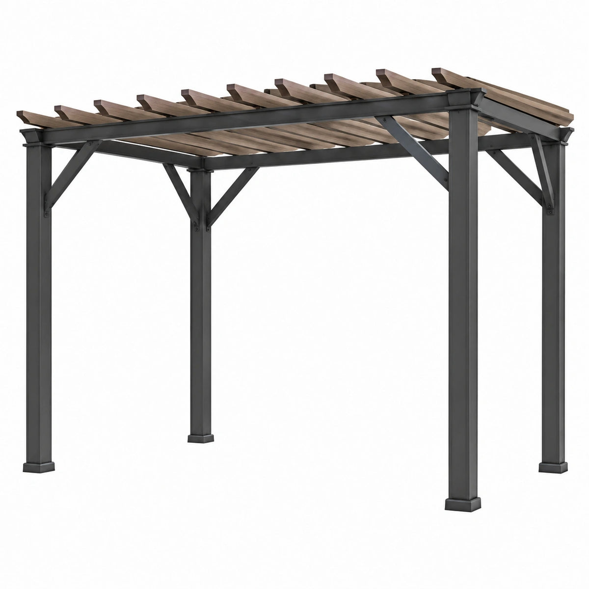 Pergola da giardino moderna 300 × 300 × 240 cm in metallo nero e legno marrone con listelli superiori