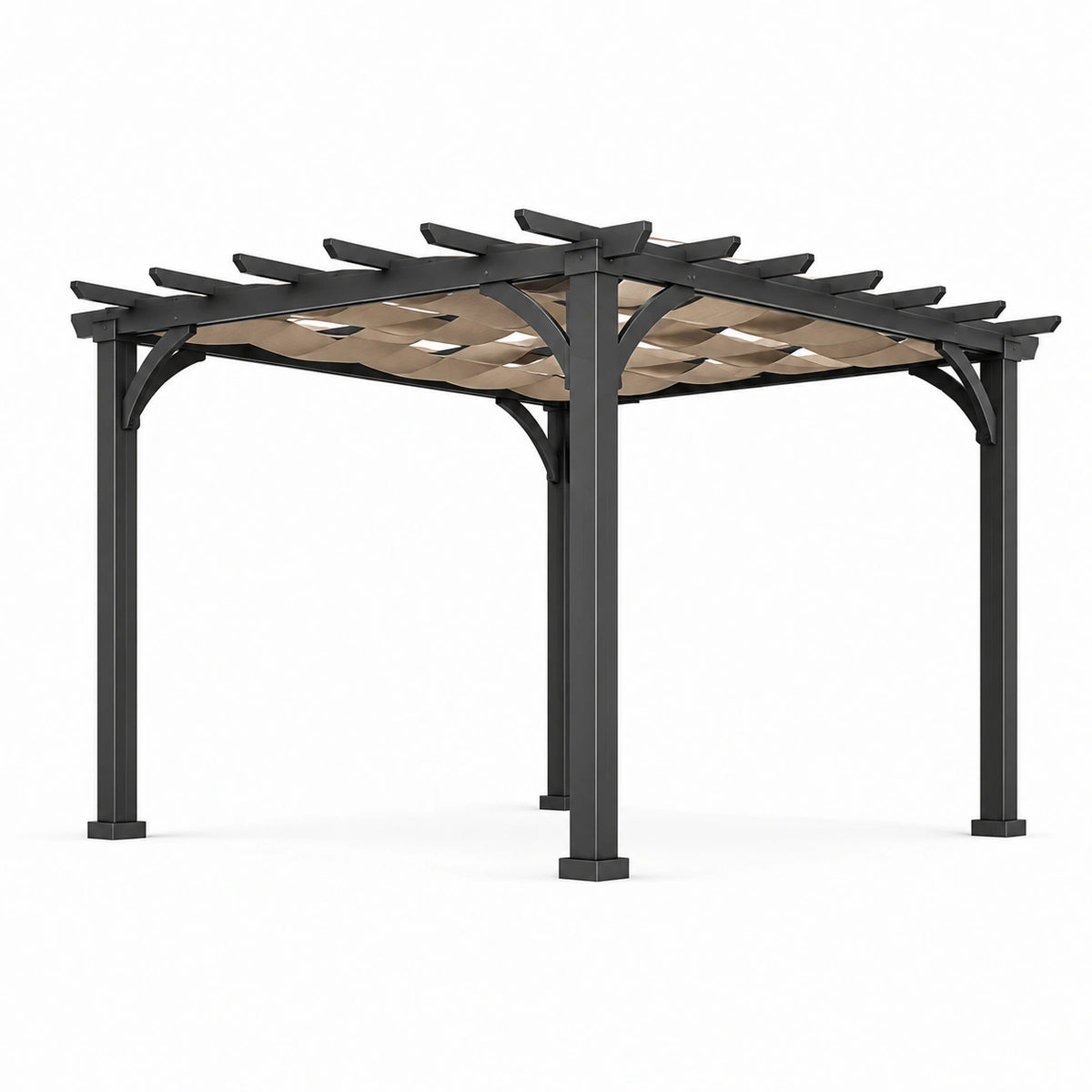 Pergola autoportante da giardino 300 × 300 × 250 cm in metallo nero con copertura intrecciata beige