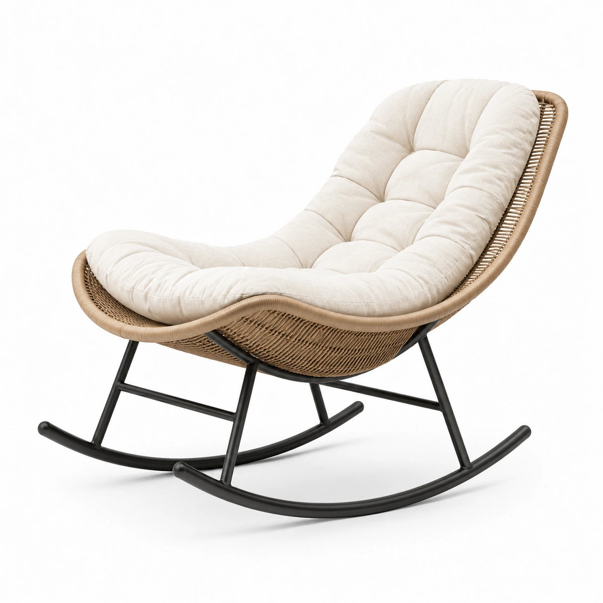 Sedia a dondolo moderna 110 × 95 × 100 cm in fibra intrecciata marrone, metallo nero e tessuto crema