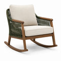 Poltrona a dondolo in legno e corda intrecciata verde oliva con cuscini beige, 75 × 90 × 100 cm