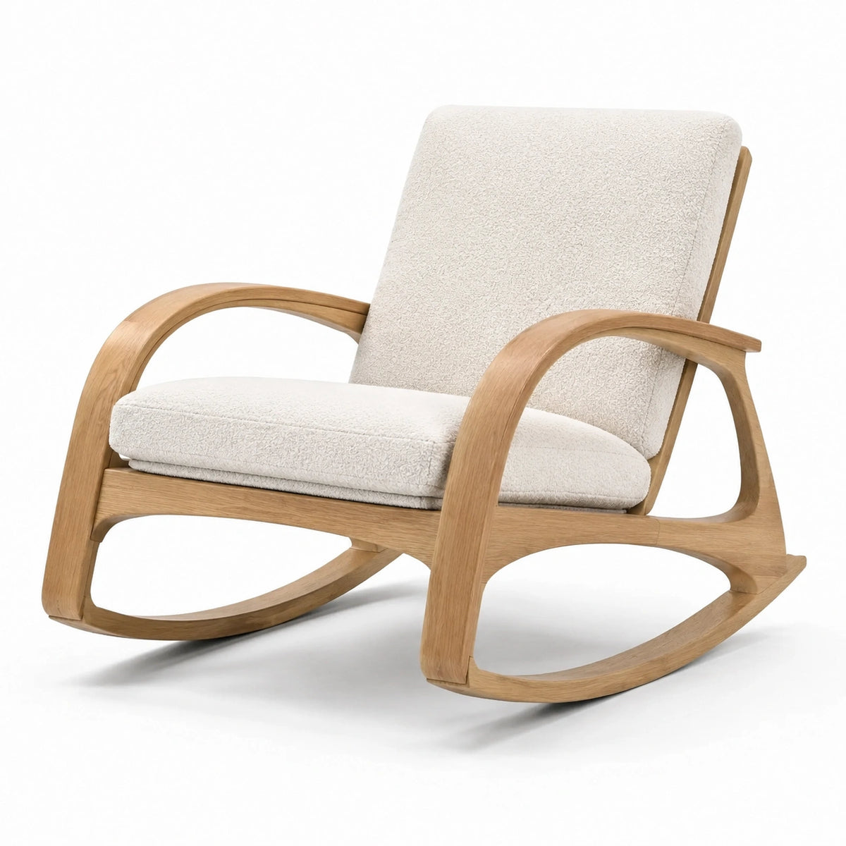 Poltrona a dondolo moderna in legno e tessuto bouclé bianco crema, 92 × 70 × 88 cm