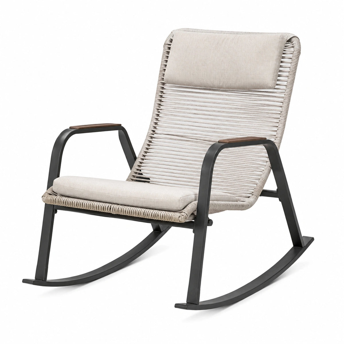 Sedia a dondolo da esterno 66 × 96 × 93 cm in metallo nero e corda beige con cuscini