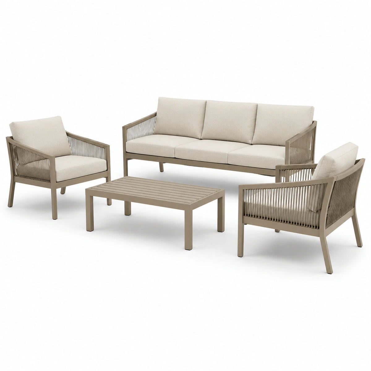 Set da giardino tortora e beige, divano 190 × 75 × 80 cm, 2 poltrone 75 × 75 × 80 cm e tavolino 110 × 60 × 42 cm