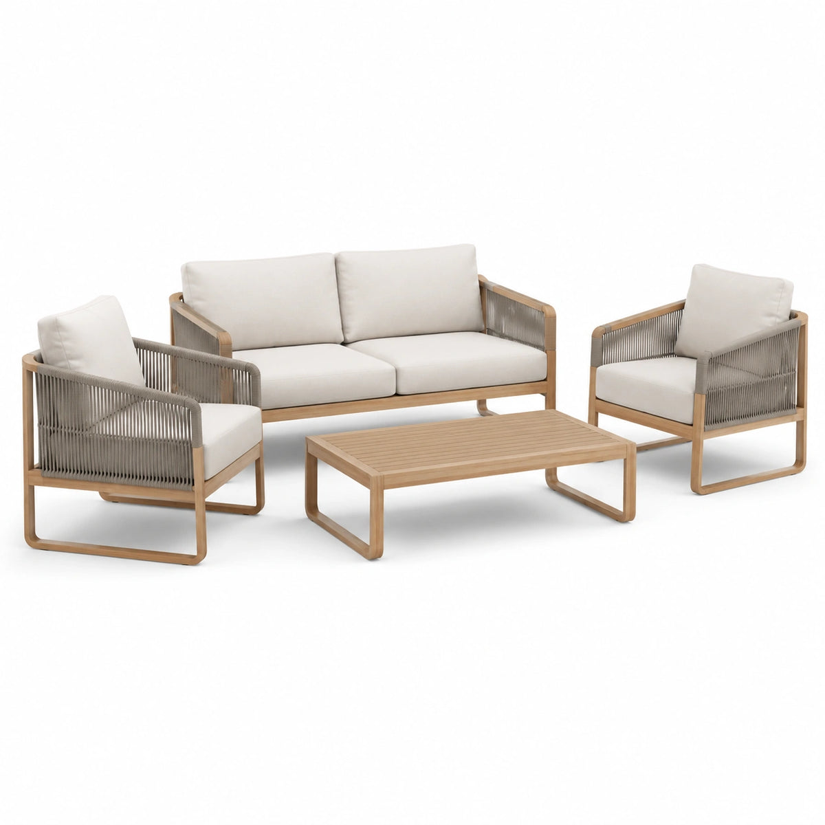 Set da giardino 4 pezzi in legno naturale, corda grigia e cuscini beige – divano 160 × 80 × 75 cm, poltrone 75 × 80 × 75 cm, tavolino 110 × 60 × 35 cm