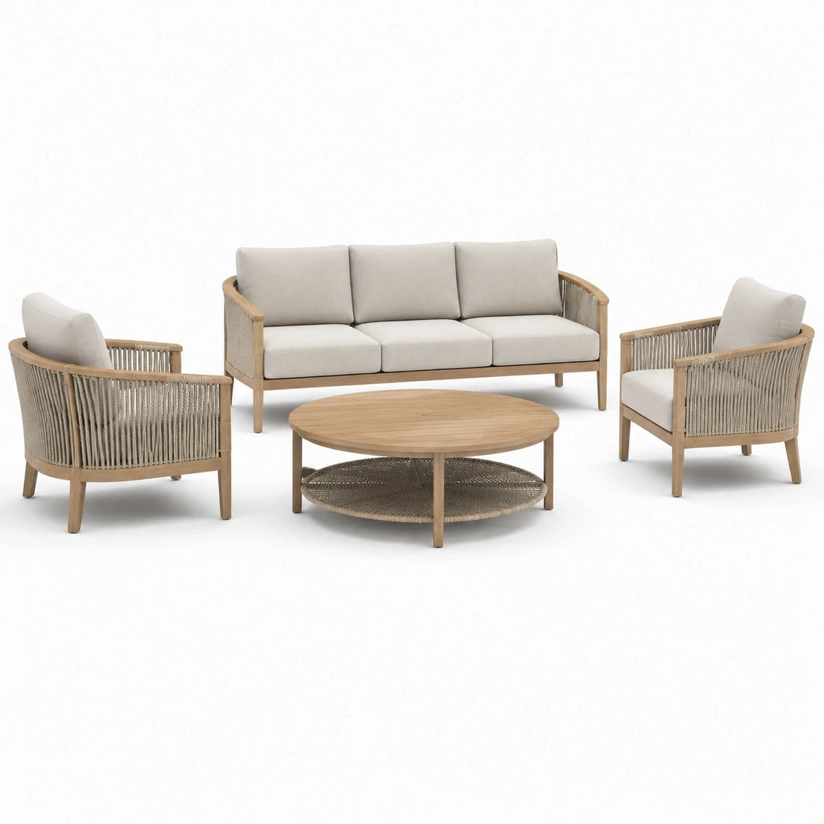 Set da giardino 4 pezzi beige, legno naturale e tortora con divano 190 × 80 × 82 cm, 2 poltrone 75 × 76 × 78 cm e tavolino Ø 100 × 40 cm