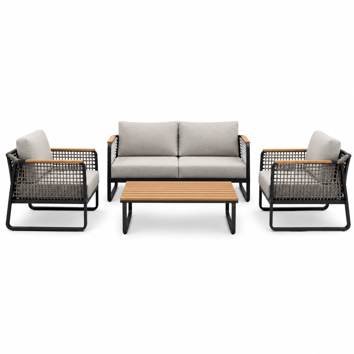 Set da giardino moderno 4 pezzi grigio, nero e marrone con divano 132 × 75 × 76 cm, poltrone 72 × 75 × 76 cm e tavolino 90 × 55 × 36 cm