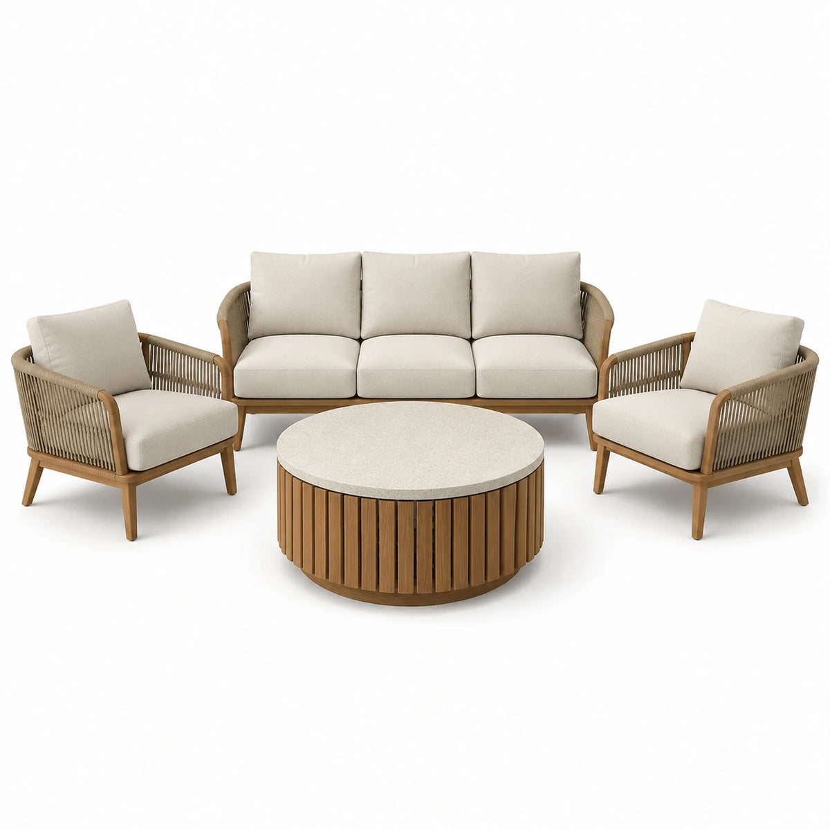 Set da esterno 4 pezzi beige, marrone chiaro e avorio con divano 195 x 80 x 78 cm, 2 poltrone 74 x 80 x 78 cm e tavolino Ø 90 x 42 cm