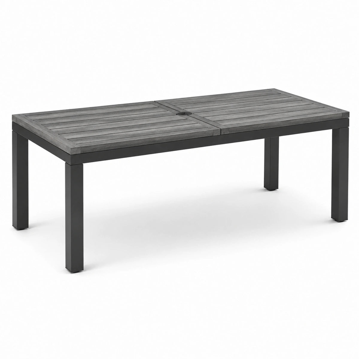 Tavolo da giardino rettangolare 150 × 90 × 75 cm in legno grigio e metallo nero con piano a doghe e foro per ombrellone