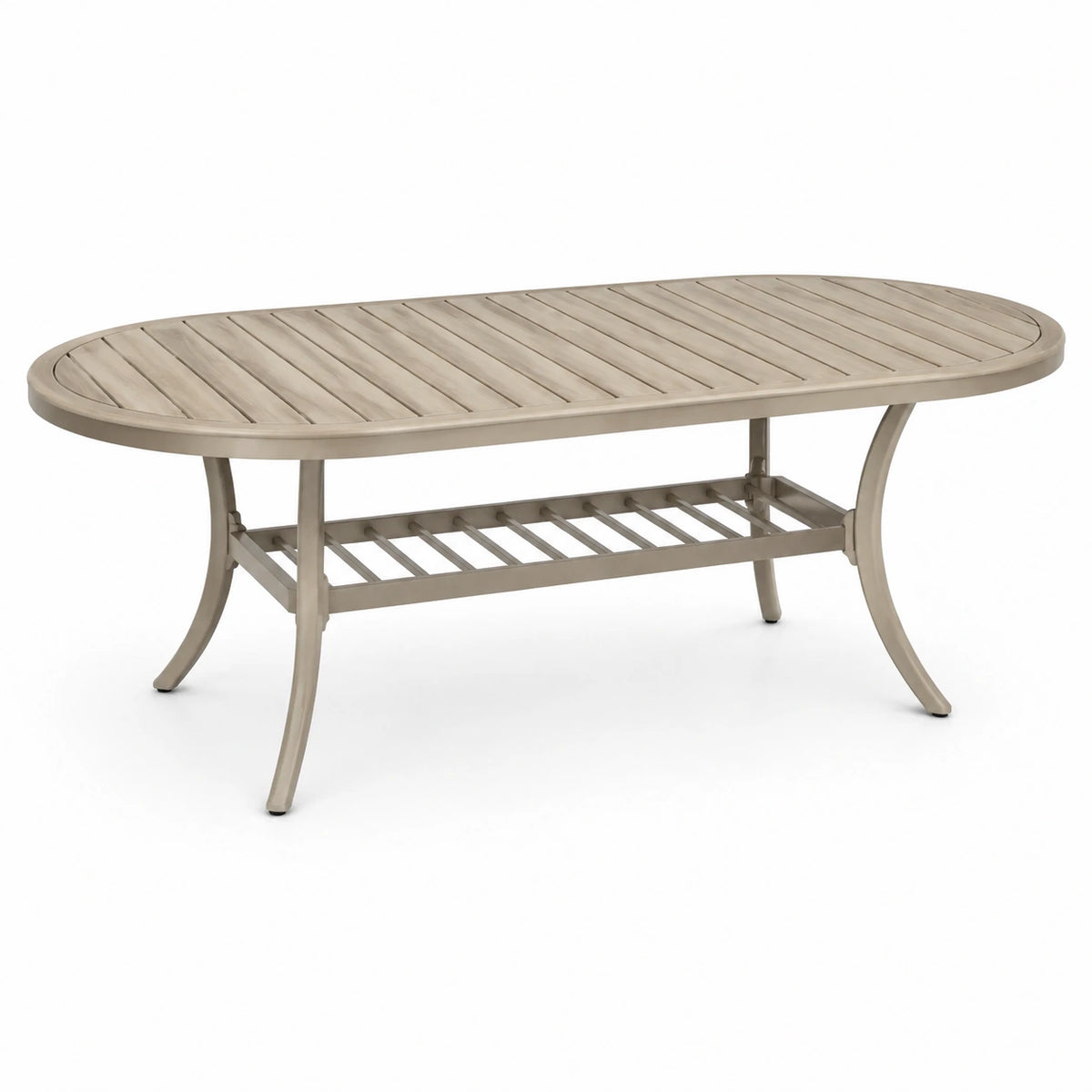 Tavolo da giardino ovale in metallo tortora con piano a doghe, 180 × 90 × 74 cm