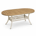 Tavolo da giardino ovale in legno marrone e metallo avorio, 150 × 80 × 75 cm, con ripiano inferiore